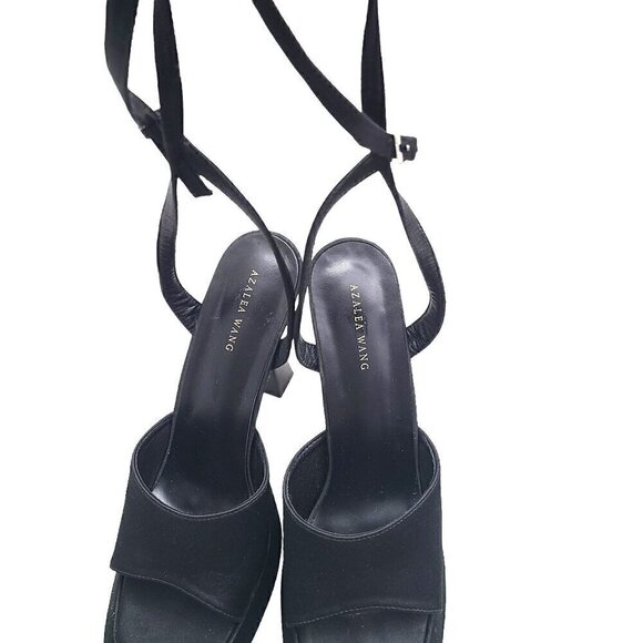 Azalea Wang Black Satin Square Peep Toe Strappy Ankle High Platform Heels - Picture 8 of 12